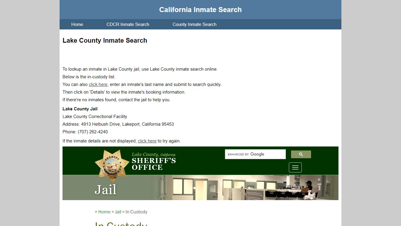 Lake County Inmate Search - California Inmate Search